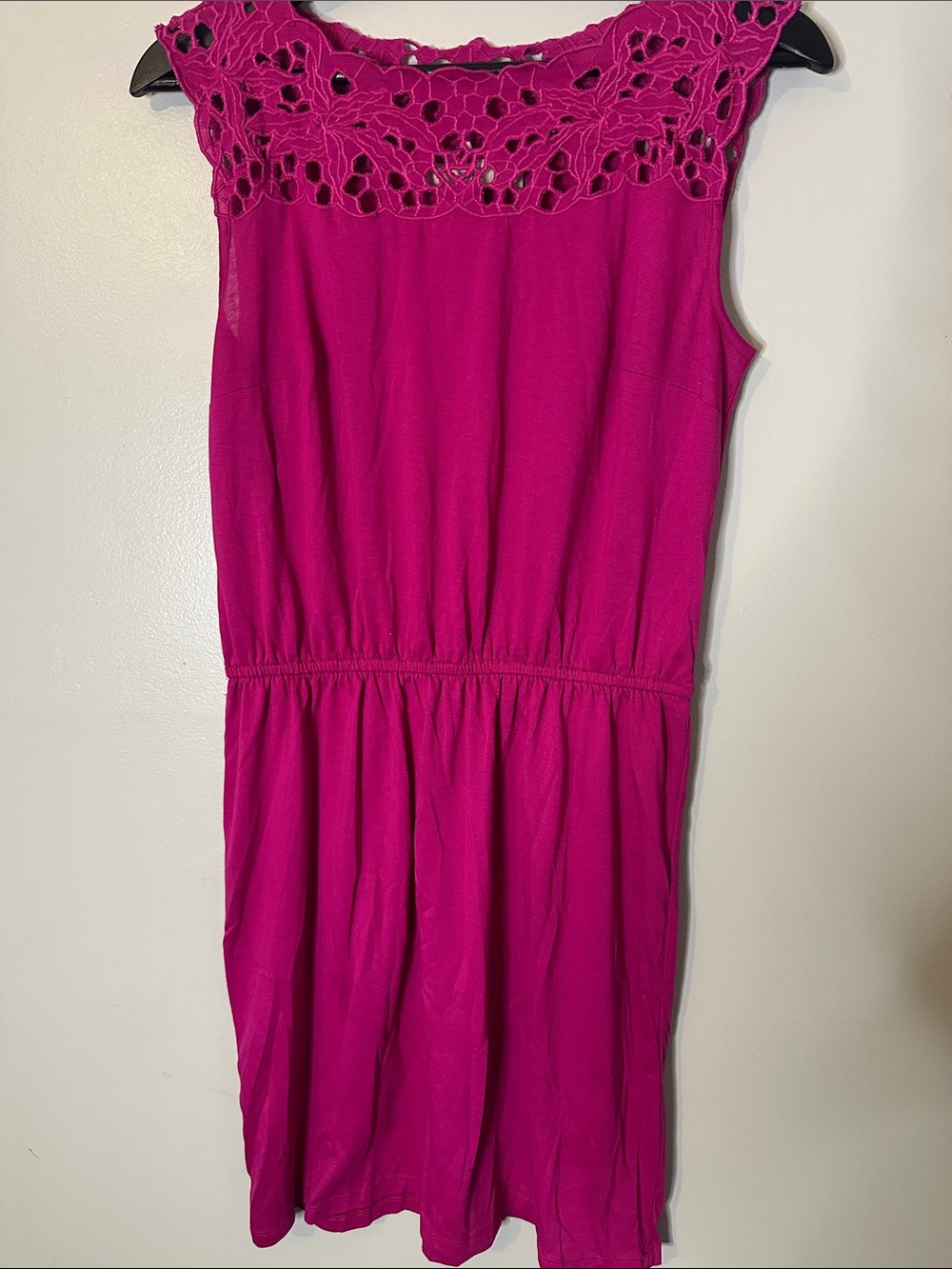 LOFT Fuchsia Pink Casual Summer Dress With Eyelet Shoulders and Top, Small